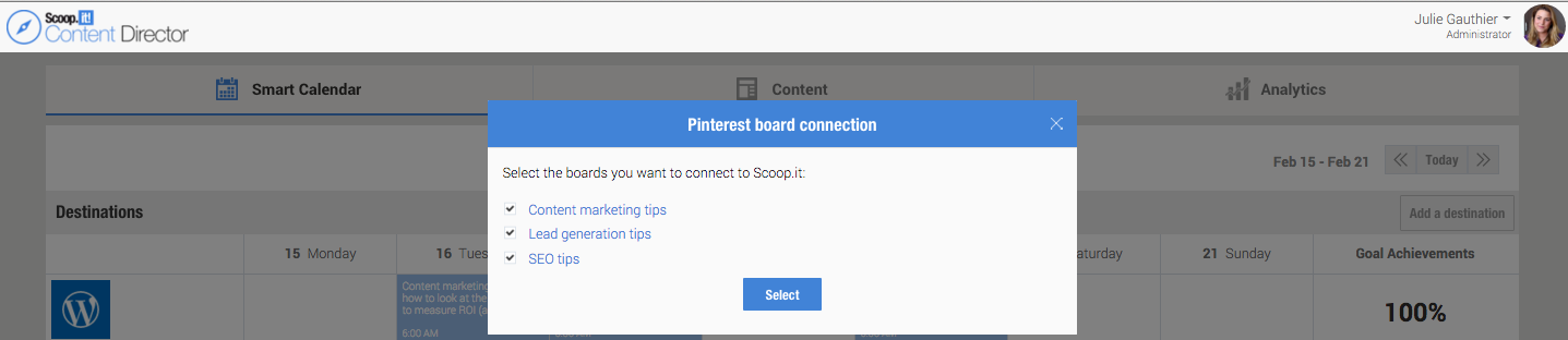 Scoopit Content Director - smart calendar -select boards Pinterest connect Scoop.it