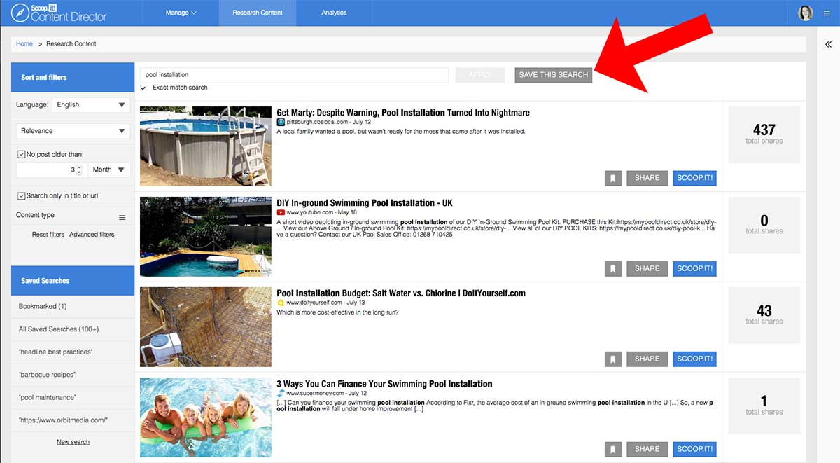 how to add a saved search to Content Director's research content feature