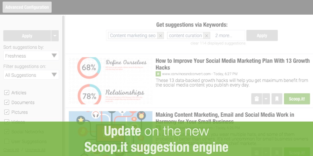 Content curation: discovering relevant content to publish through the new suggestion engine of Scoop.it